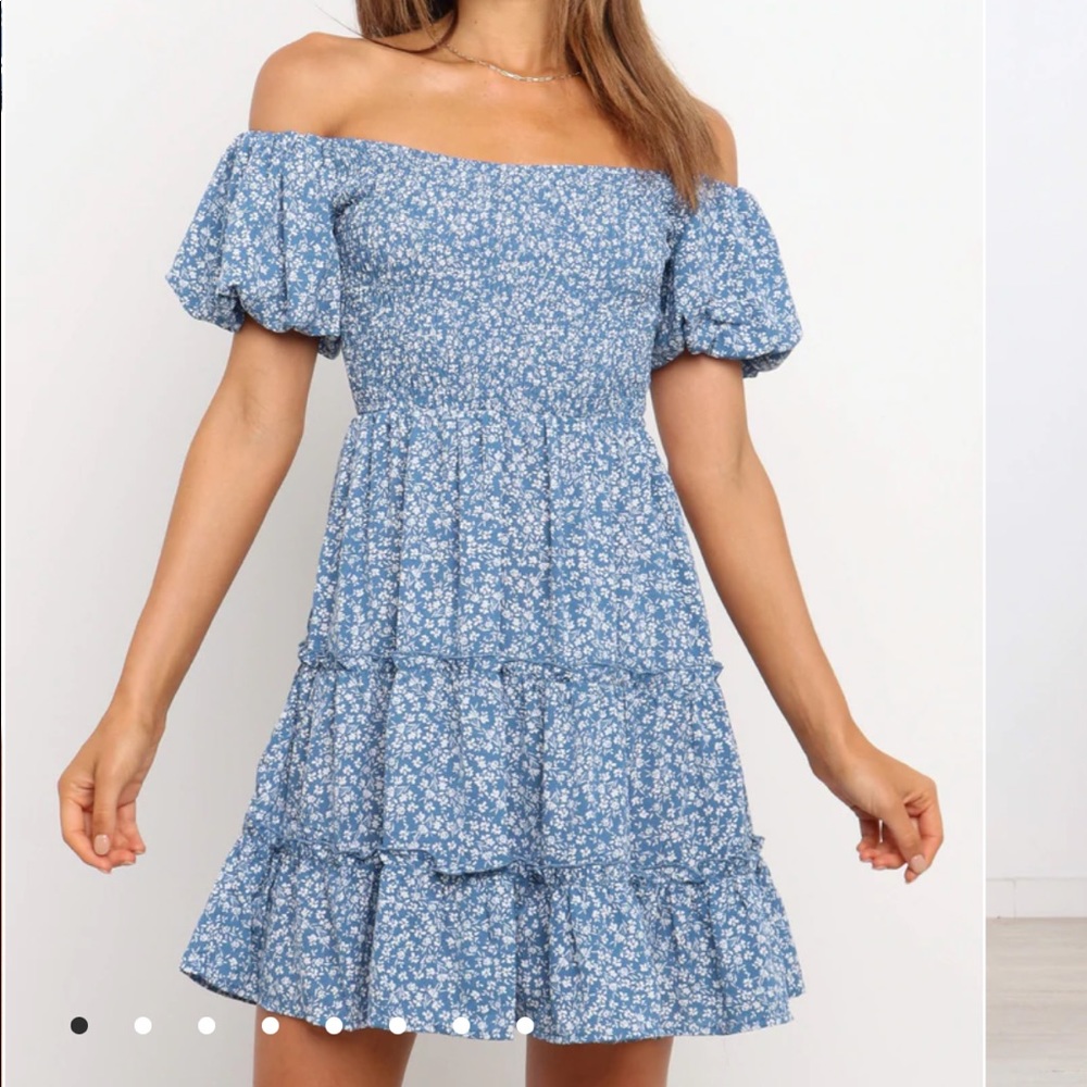Petal & Pup Blue Floral Off-Shoulder Mini Dress